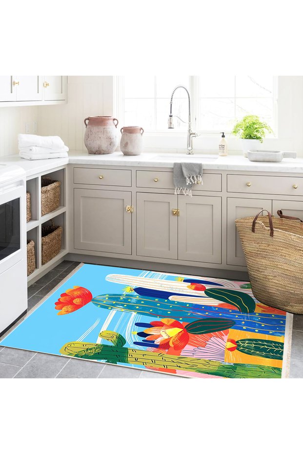Efe Collection Multicolored Flower and Cactus Figures Patterned Woven Base Modern Decorative Carpet 29