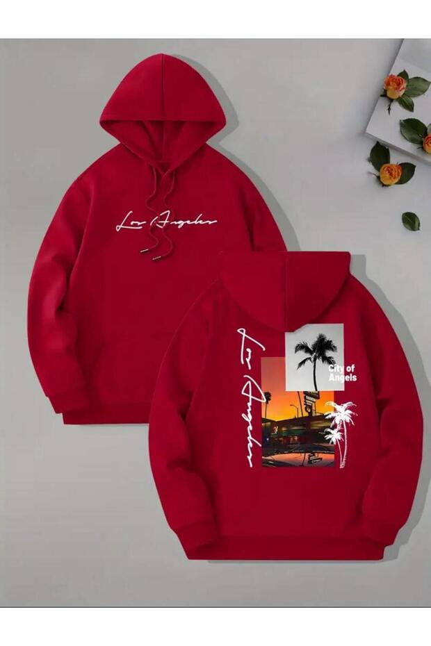 Back and Front Printed City of Angeles Pocketed Hooded Sweatshirt