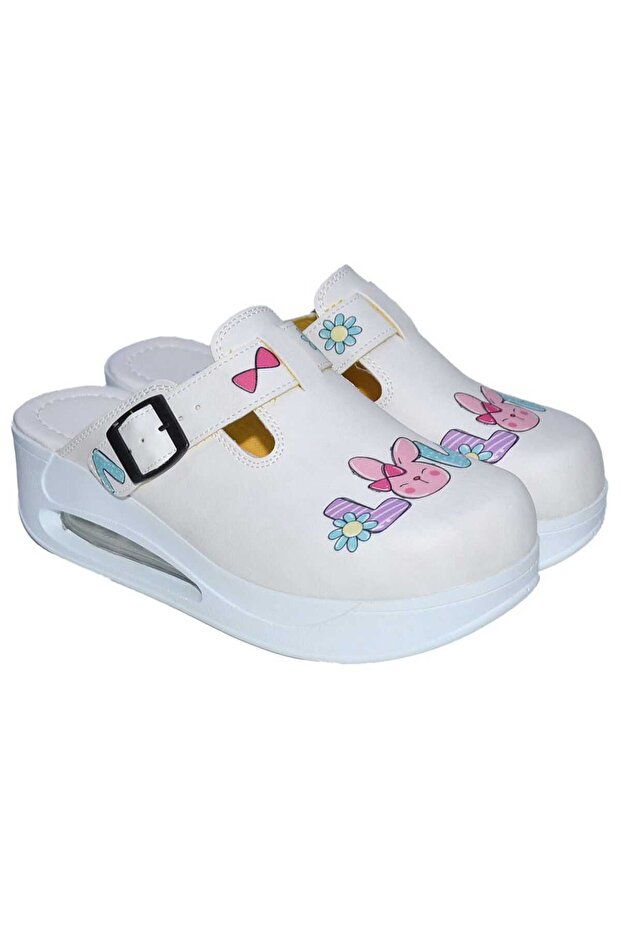 Air Sole Anatomically Filled Cute Dental Themed White Sabo Slippers with Buckle