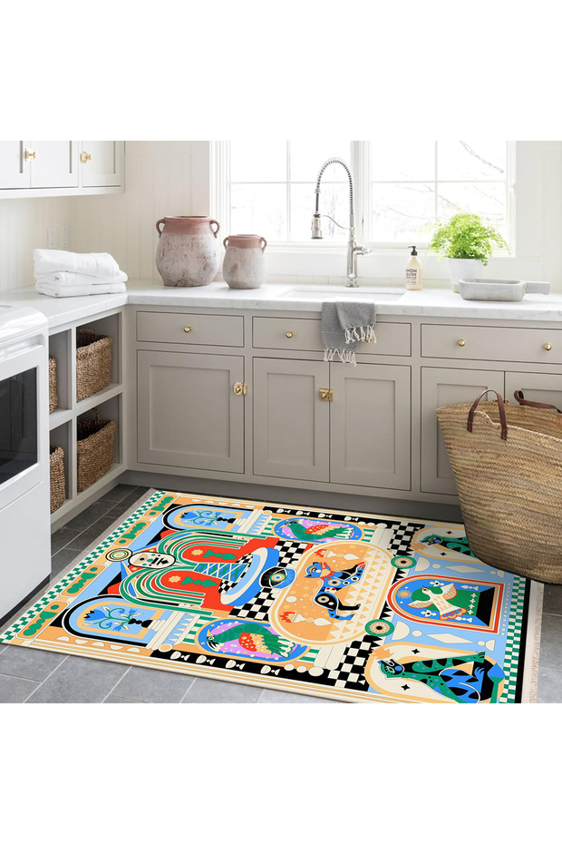 Efe Collection Ethnic Tiger Bird and Ancient Figures Patterned Woven Base Vintage Decorative Carpet 32