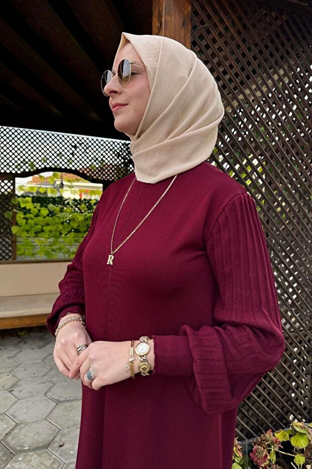 Ecem Bordo Triko Elbise - 5