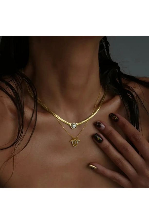 2 Adet Gold Çelik Zirkon Taşlı Ve Şövalye Model Serenay Kolye Set,kolye - 1