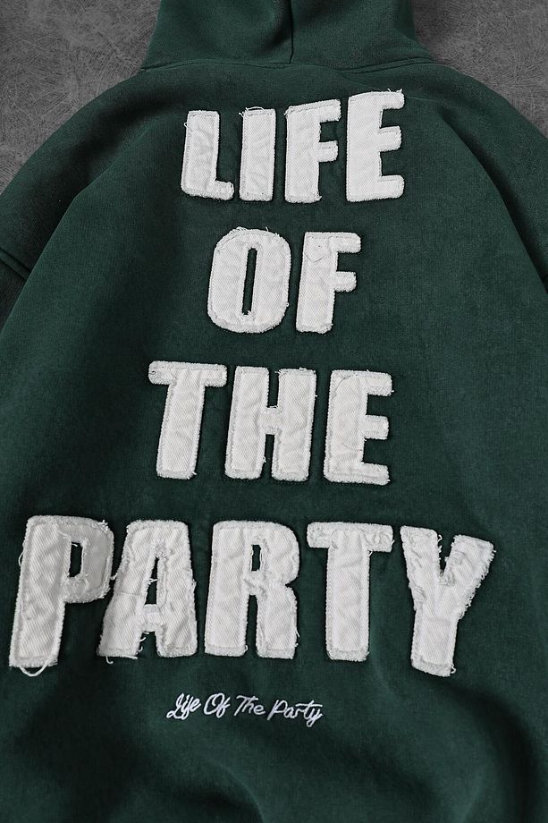 Erkek Haki Life Of The Party Aplike Pis Nakış Yıkamalı Kapüşonlu Oversize Sweatshirt - 4