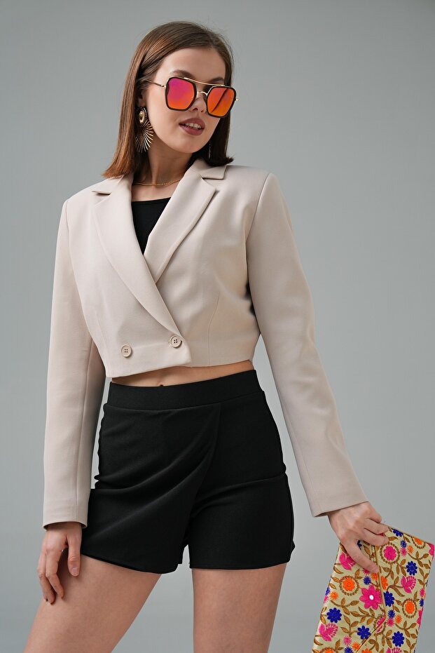 Bej Kruvaze Crop Ceket - 3
