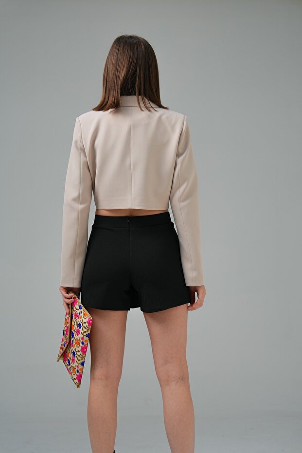 Bej Kruvaze Crop Ceket - 6