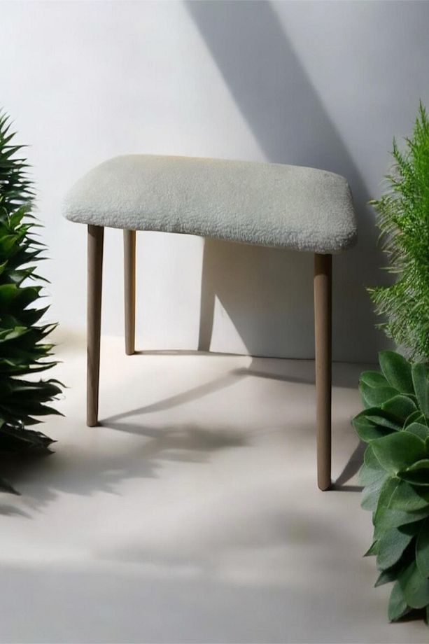 Ahşap Ayaklı Handmade Geniş Oturum Alanlı Krem Tedy Kumaş Pofidik Puf Bench Koltuk - 2