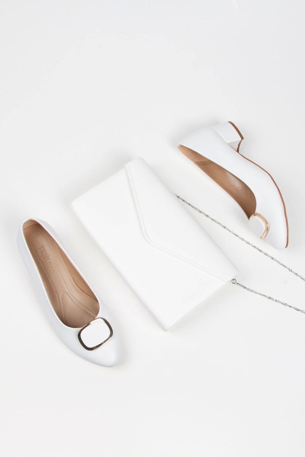 Women's Short Heeled Stylish Buckle Casual Shoes and Bag Set White