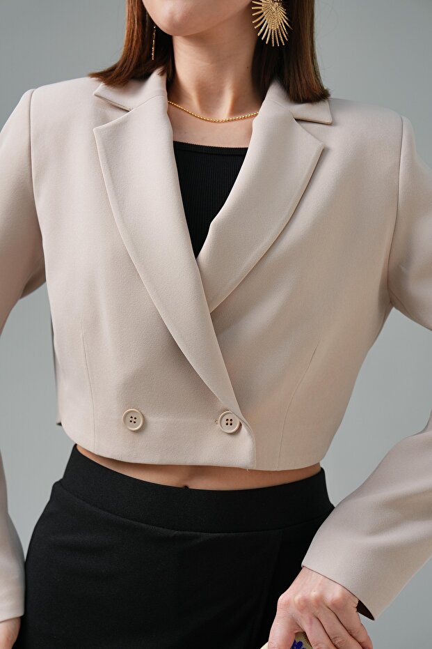 Bej Kruvaze Crop Ceket - 1