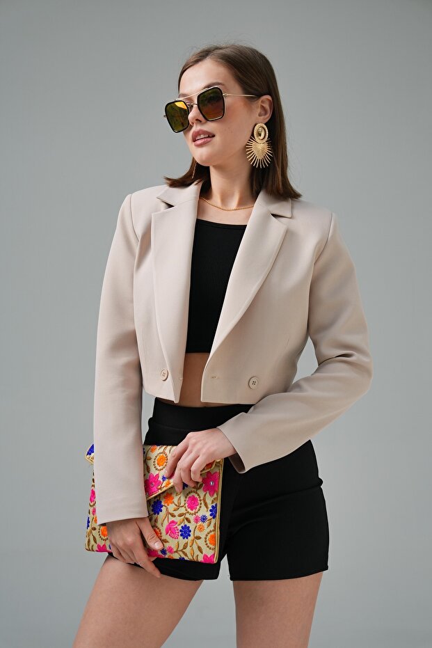 Bej Kruvaze Crop Ceket - 4