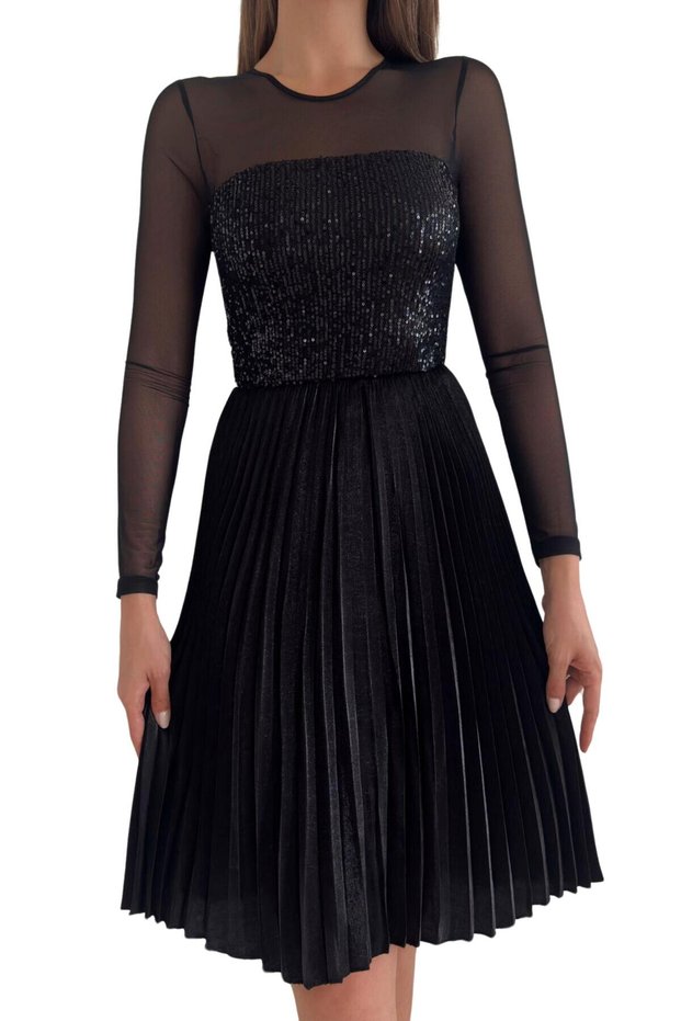 Women's Dress - Shoulder and Sleeves Tulle Detail Sequined and Pleated Black Midi Length 028