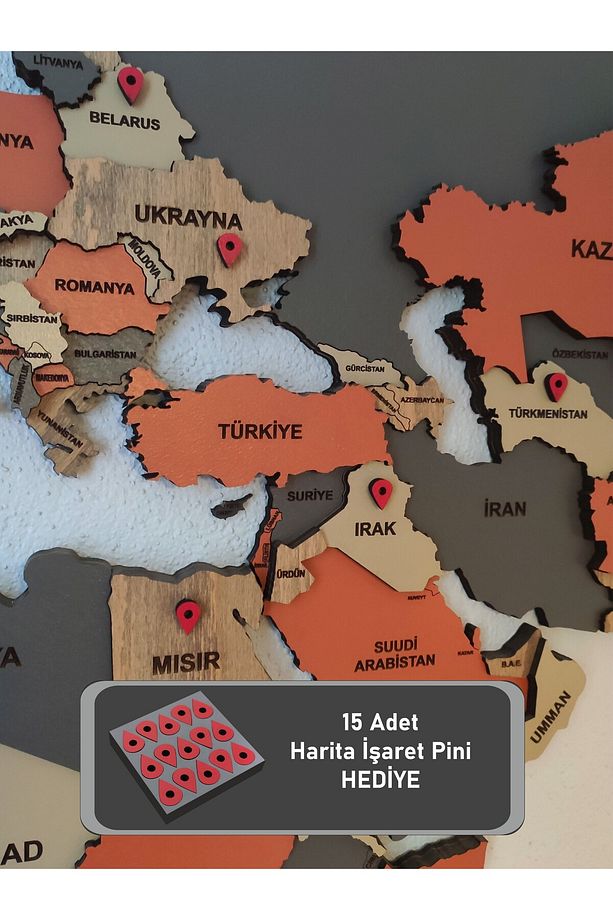 ANTRASİT AHŞAP KATMANLI DÜNYA HARİTASI 3D - 4