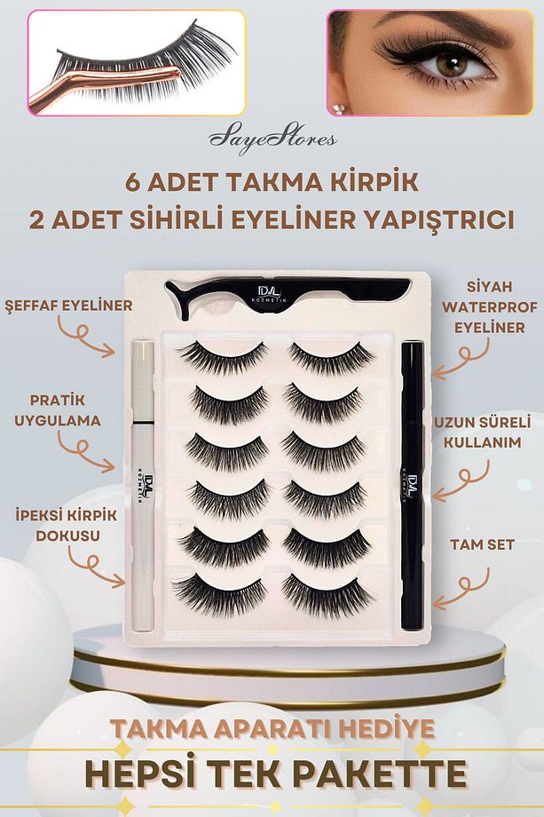 Suya Dayanıklı 6'lı Takma Kirpik Seti & 2 Adet Kalem Yapıştırıcı (Takma Aparatı Hediye) - 1