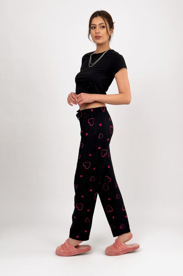 Fuşya Kalp Kadın Kadife Pijama Altı Eşofman Pamuklu - 5