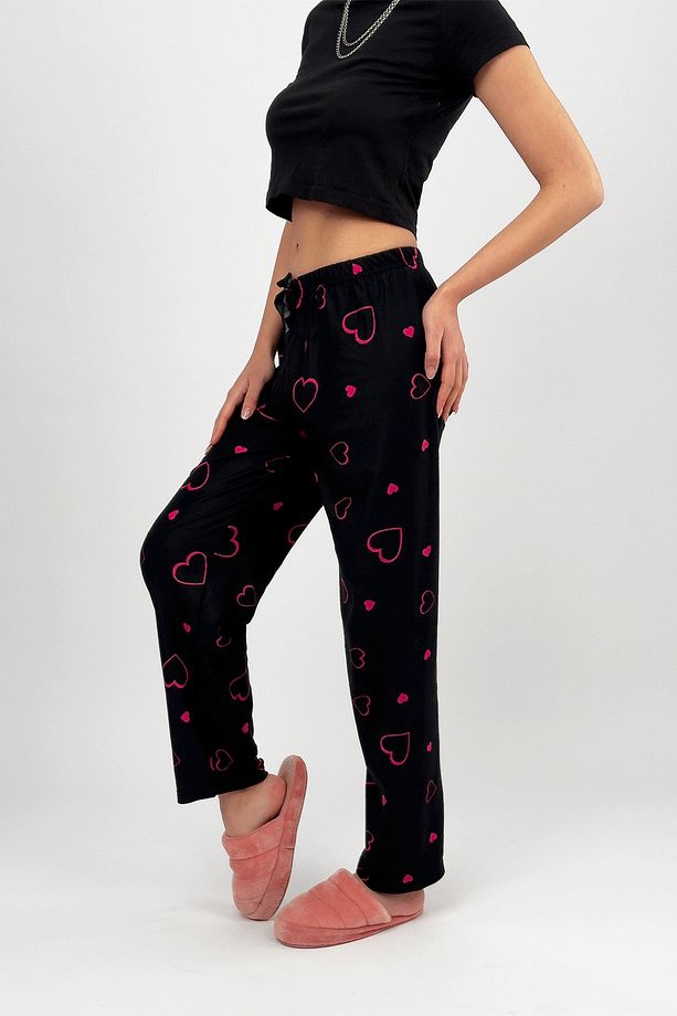 Fuşya Kalp Kadın Kadife Pijama Altı Eşofman Pamuklu - 8