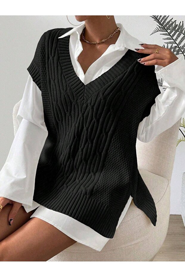 Knitted Patterned V-Neck Slit 75 cm Sweater. - 1