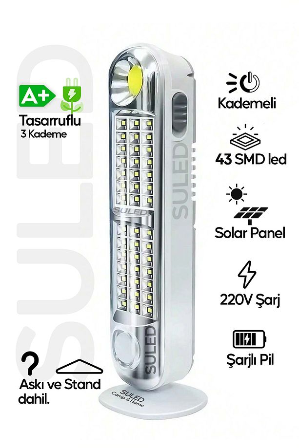 Acil Durum Led & Kamp Lambası Güneş Şarjlı Işıldak 2 Kademeli Aydınlatma Tamir Ev Kamp El Feneri - 1