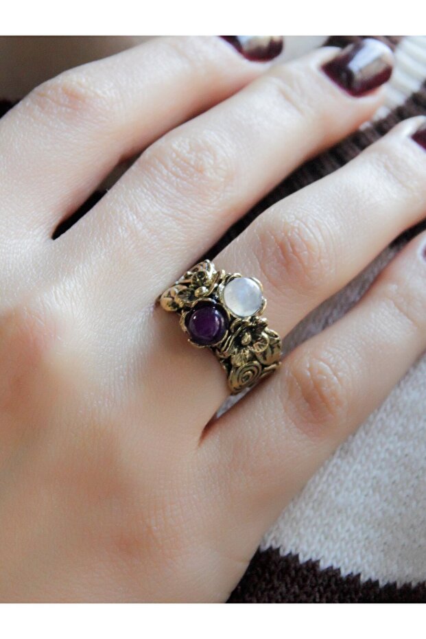 Double Natural Stone Flower Motif Antique Women's Adjustable Ring Moonstone Amethyst Euy22Aamt