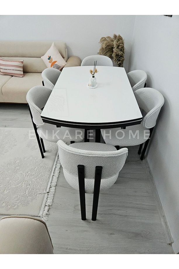 X Ayaklı Gloss Masa Teddy Kumaş Badem Sandalye, Açılır Mdf Masa Takımı 6 Kişilik - 4