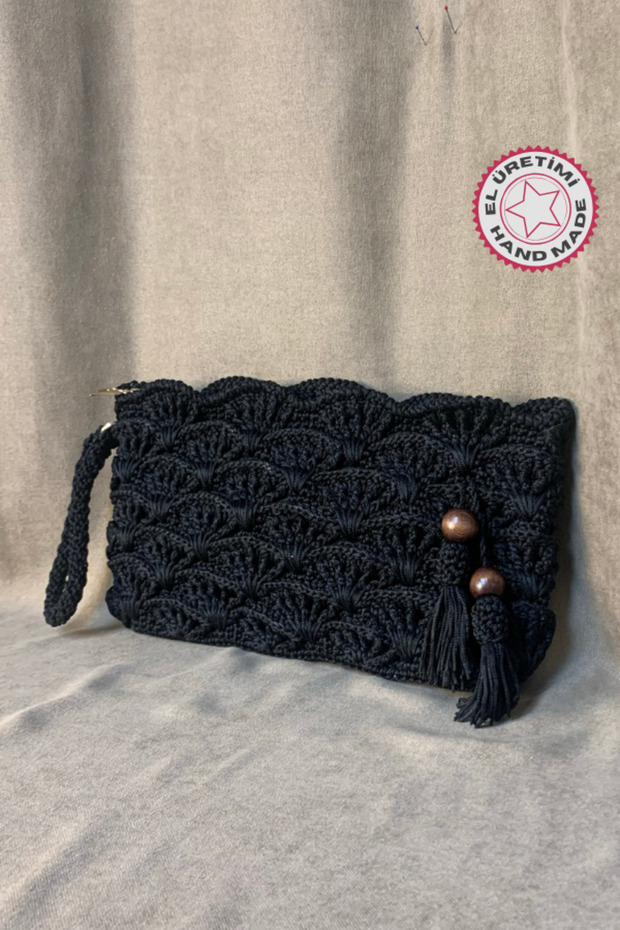 - Meryem 7194El Örgüsü Makrome İp Siyah Clutch Çanta - 1