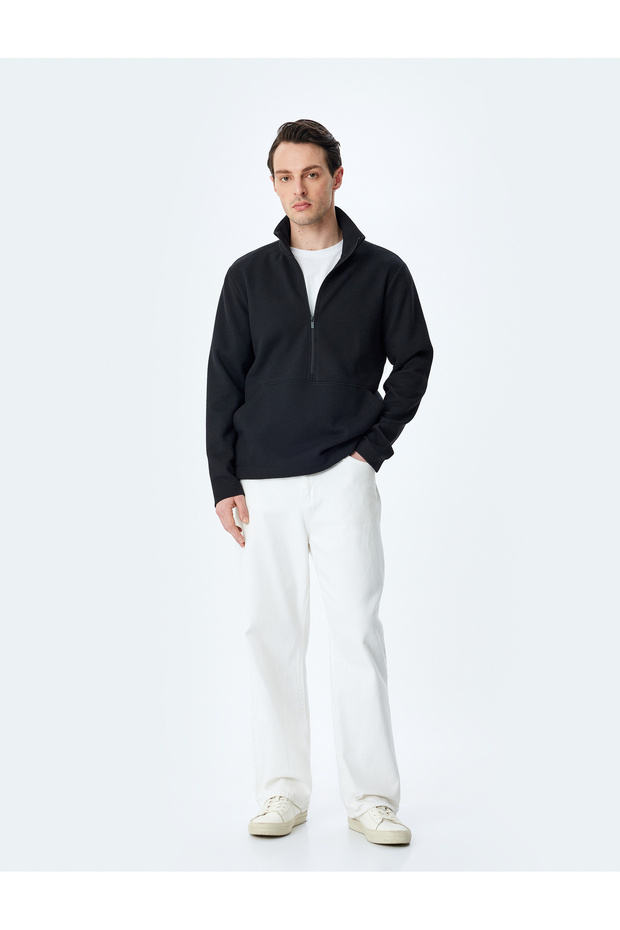 Kangaroo Pocket Long Sleeve Basic Half Zip Sweatshirt