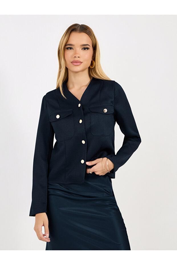 Tweed V Neck Blouse with Chest Pocket Details