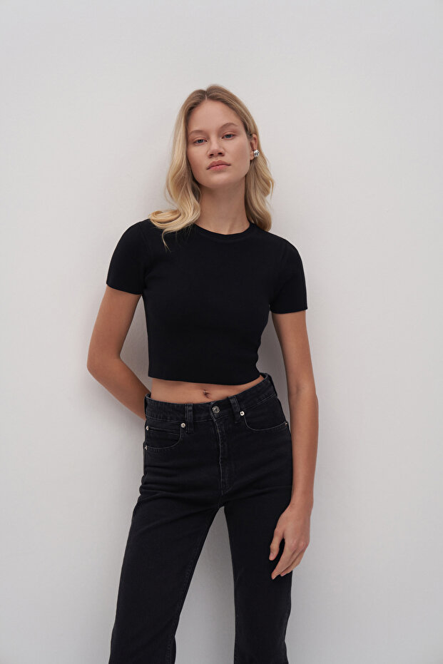 Kadın Basic Triko Crop - 5
