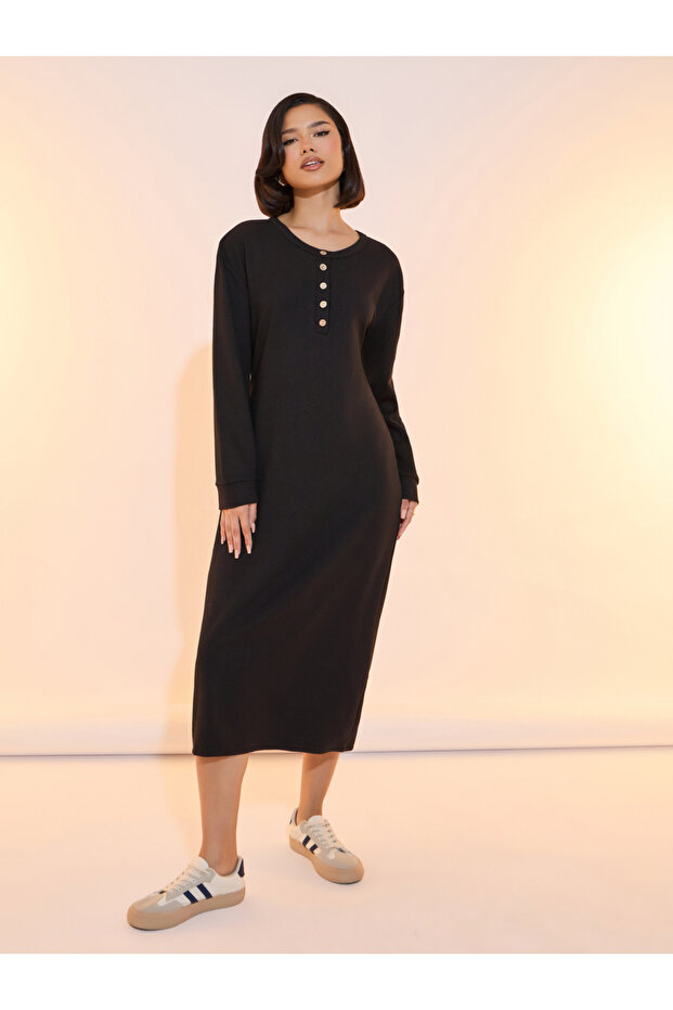 Textured Drop Shoulder Button Detail Midi Dress