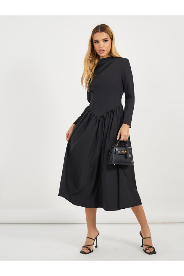 Pleated Drop Waist Detail A-Line Midi Dress