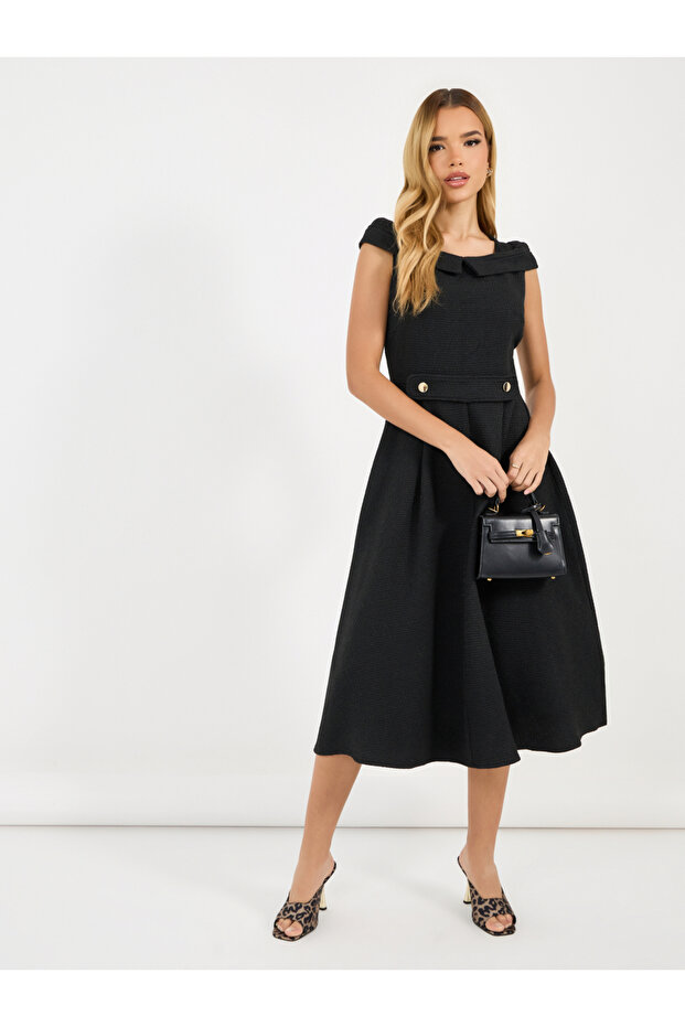 Tweed Box Pleat Sleeveless A-Line Midi Dress