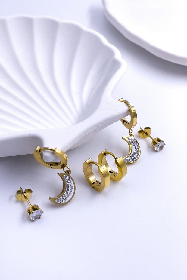 Women's Gold Zircon Detailed Set of 6 Earrings Does Not Tarnish