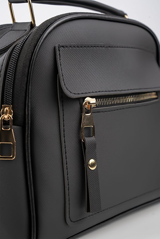 Women's Black Lacost Leather 3-Compartment Hand and Shoulder Bag with Adjustable Strap