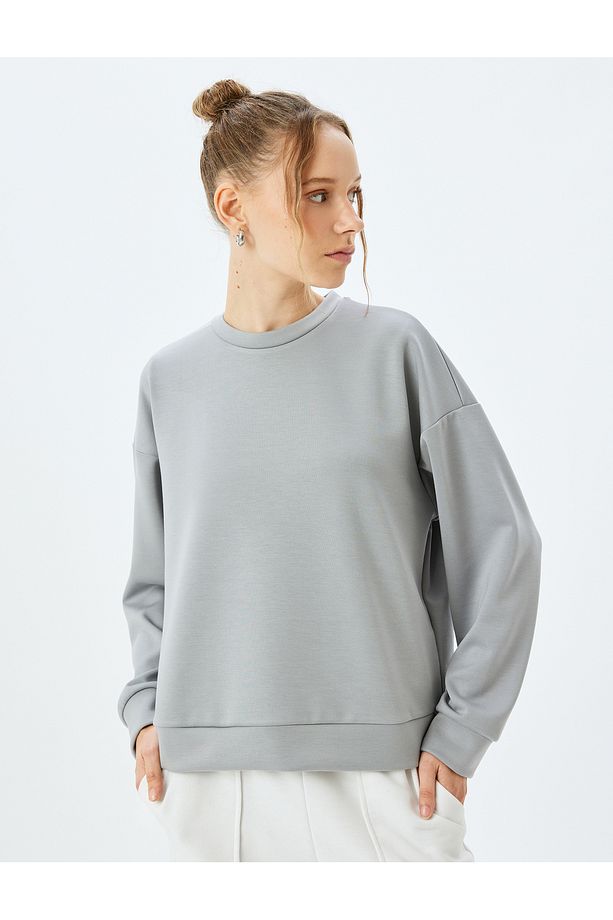 Bisiklet Yaka Basic Uzun Kollu Oversize Sweatshirt - 3
