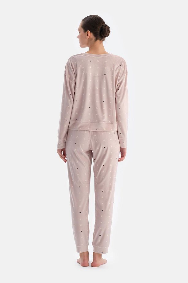 Pudra Mıkroprınt Baskılı Uzun Kollu Kadife Pijama Takımı - 2