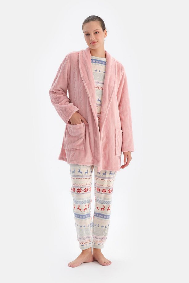 Soft Pembe Örgü Görünümlü Puf Sabahlık - 4