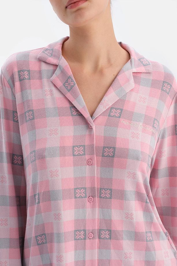 Soft Pembe Ekoseli Termal Gömlek Pantolon Pijama Takımı - 5