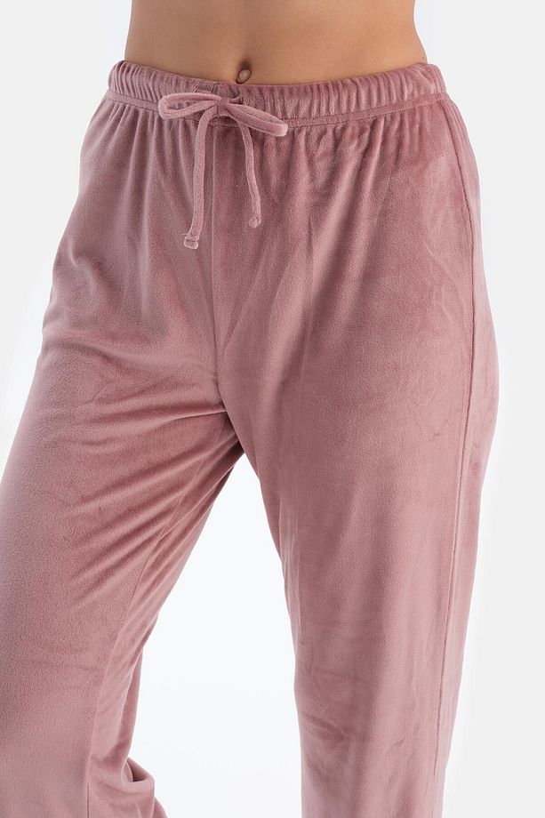 Gül Kurusu Uzun Kollu Bisiklet Yaka Kadife Pijama Takımı - 5