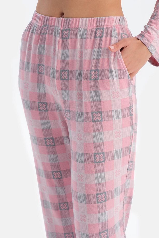 Soft Pembe Ekoseli Termal Gömlek Pantolon Pijama Takımı - 6