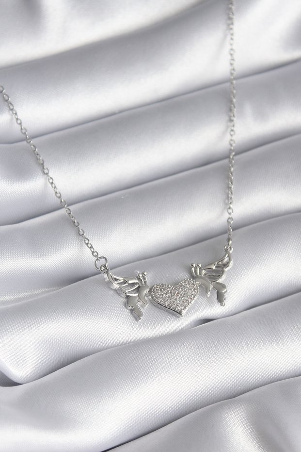 316L Steel Silver Color Zircon Stone Wing Heart Model Women's Necklace Tj-Bko8289