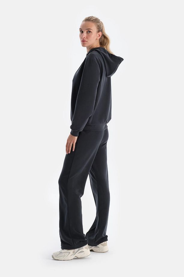 Siyah Uzun Kollu Kapüşonlu Basıc Modal Sweatshırt - 3