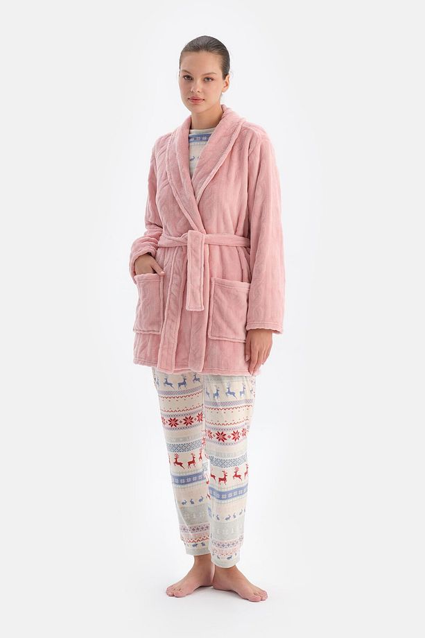 Soft Pembe Örgü Görünümlü Puf Sabahlık - 1