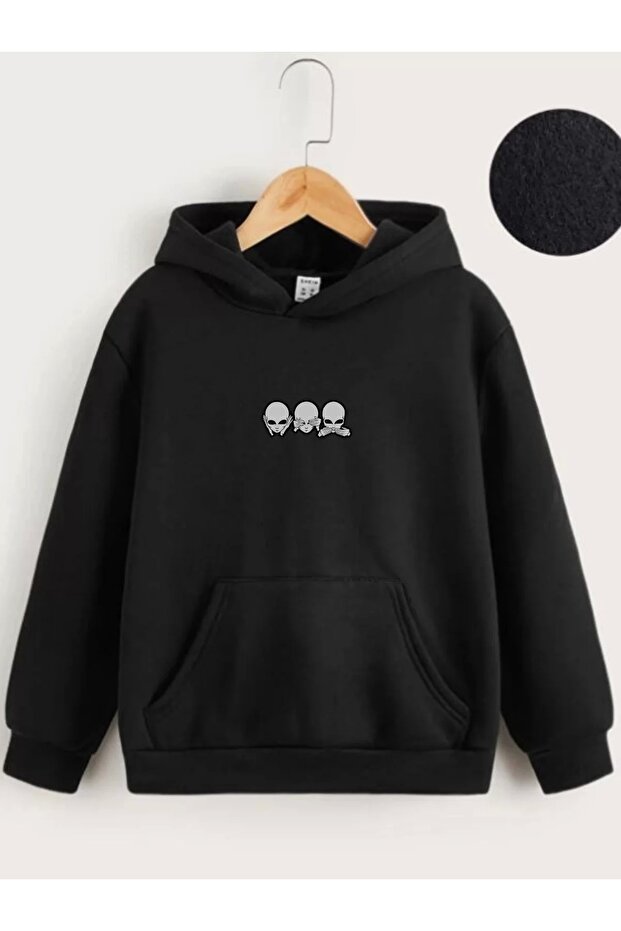 Kids Unisex Hooded Mini Head Printed Sweatshirt - Black