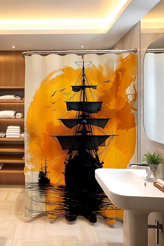 Bathroom Curtain, Ship at Sunset Pattern Shower Curtain, Bathtub Curtain 175X200Cm