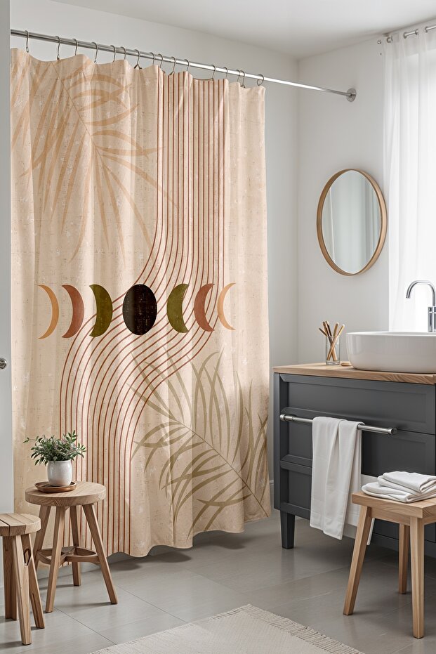 Bathroom Curtain, Bohemian Geometric Moon Cycle Pattern Shower Curtain, Bathtub Curtain 175X200Cm
