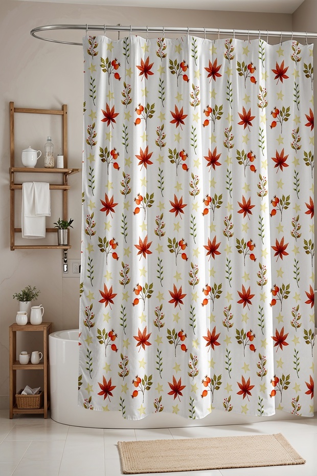 Bathroom Curtain, Red Autumn Flowers Pattern Shower Curtain, Bathtub Curtain 175X200Cm