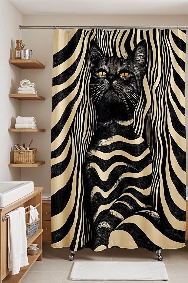 Bathroom Curtain, Bohemian Striped Cat Pattern Shower Curtain, Bathtub Curtain 175X200Cm