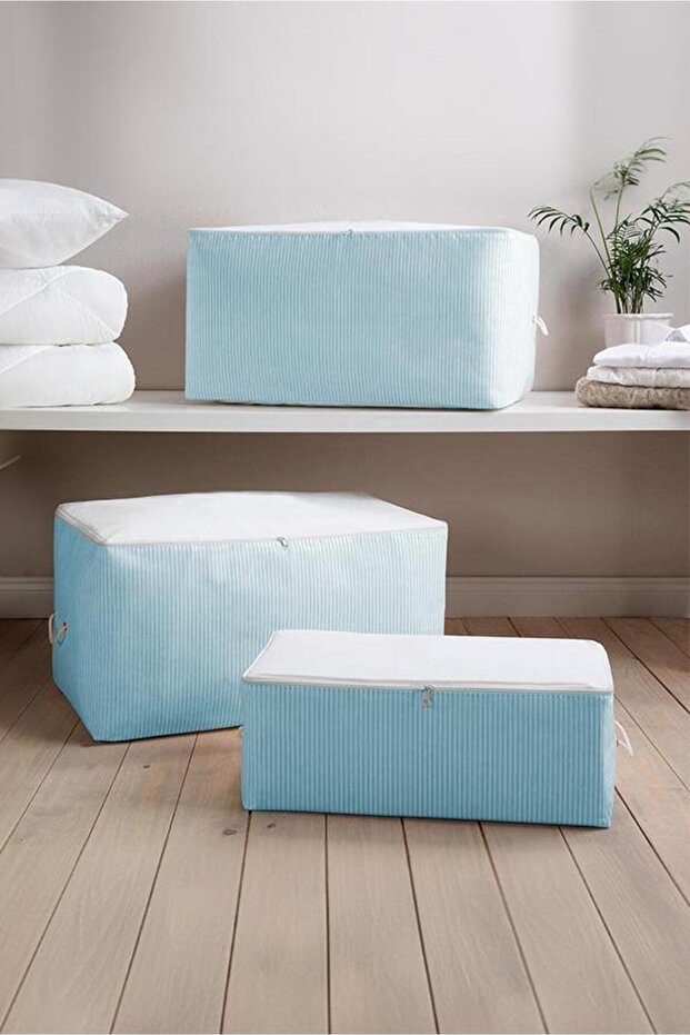 Medium Size 3 Pieces Blue Striped Base Sofa Bed Storage 53X30X20Cm