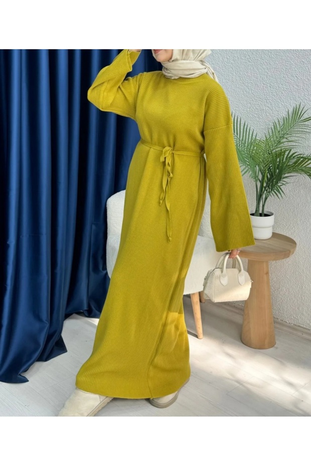 Lace-Up Long Crew Neck Knitwear Dress