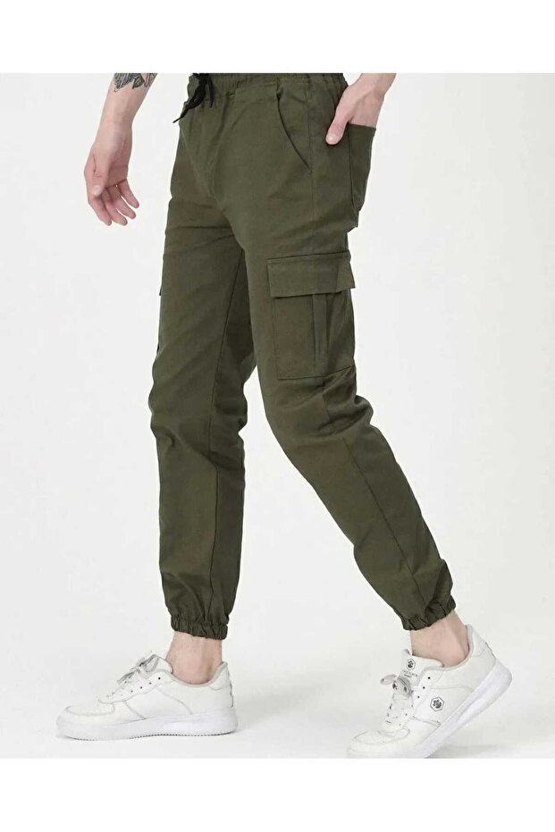 Linen Cargo Pocket Canvas Trousers with Elastic Waist
