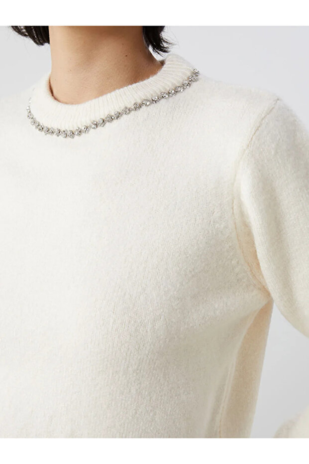 LCW Vision Ekru Bisiklet Yaka Taş Baskılı Kadın Triko Kazak - 3