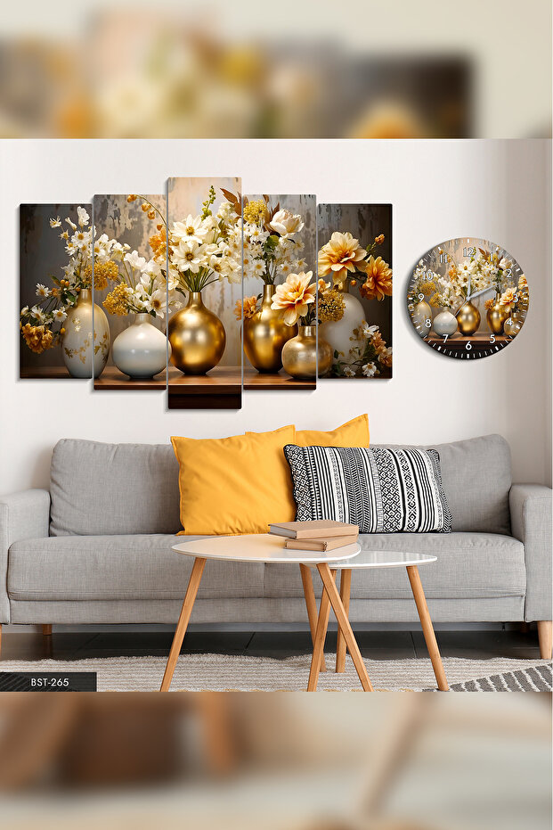 Gold Vazoda Çiçekler  5 Parça Mdf Tablo Saat Set - 3